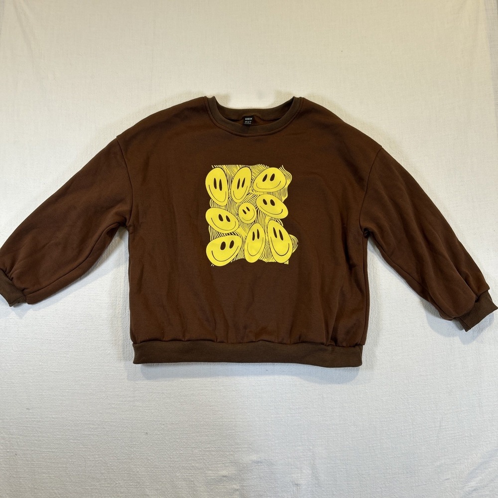 Shein Women's Sweatshirt Long Sleeve Smiley Faces Brown Yellow Medium